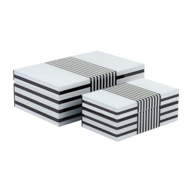 Wood 8/11 Inch Striped Boxes Set of 2 In Black And White