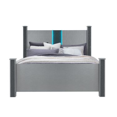 Wood and Faux Crystals Lighted King Four Poster Bed Frame In Silver