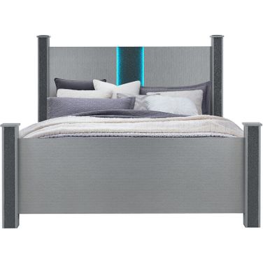 Wood and Faux Crystals Lighted Queen Four Poster Bed Frame In Silver