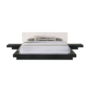 Wood and Faux Leather King Bed Frame with Attached Nightstands In Black and White