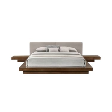 Wood and Faux Leather King Bed Frame with Attached Nightstands In Gray and Walnut