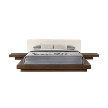 Wood and Faux Leather King Bed Frame with Attached Nightstands In Walnut and White