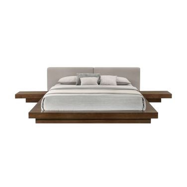 Wood and Faux Leather Queen Bed Frame with Attached Nightstands In Gray and Walnut