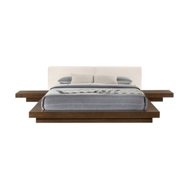 Wood and Faux Leather Queen Bed Frame with Attached Nightstands In Walnut and White