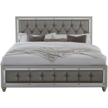 Wood and Tufted Linen Queen Bed Frame with Nailhead Trim In Silver