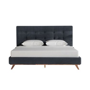 Wood and Tufted Polyester King Bed Frame In Brown and Gray