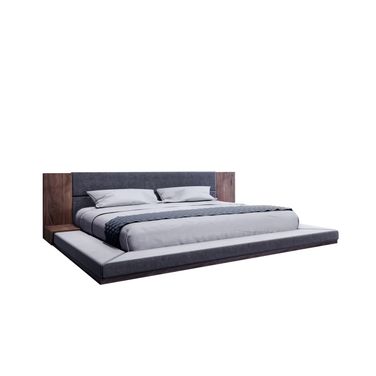 Wood and Upholstery Queen Bed Frame with Attached Nightstands In Gray and Walnut