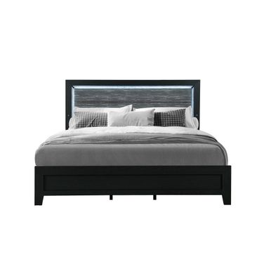 Wood and Velvet Lighted King Bed Frame In Black and Gray