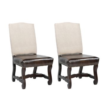 Wood Leather and Linen Dining Side Chairs Set of 2 In Cream and Dark Brown