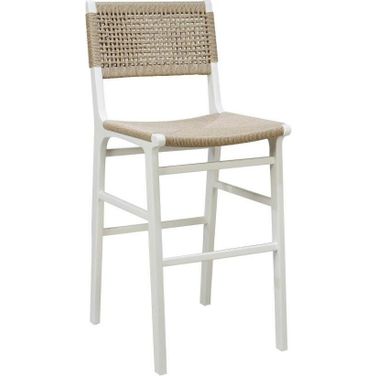 Woven Back Bar Stool With Rush Seat In Matte White Lacquer