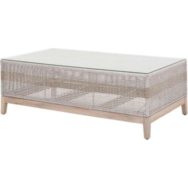 Woven Tapestry Outdoor Coffee Table In Taupe and Gray Teak