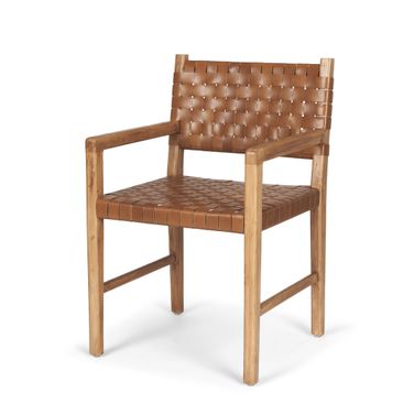 Woven Leather and Solid Wood Dining Arm Chair In Brown
