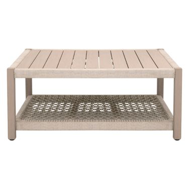 Wrap Outdoor Square Coffee Table In Oat Flat Rope and Washed Ever Teak