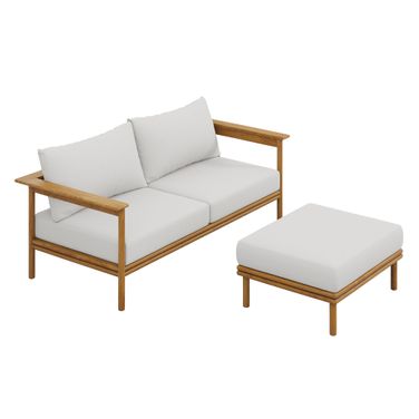 Wren 2-Piece Outdoor Patio Teak Wood Sofa and Ottoman Set In Natural and Sail