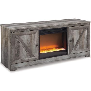 Wynnlow Gray Lg Tv Stand with Glass and Stone Fireplace Insert