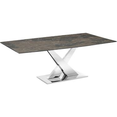 X Base Dining Table With Stainless Base and Brown Marbled Top