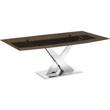 X Base Dining Table With Stainless Base and Smoked Top