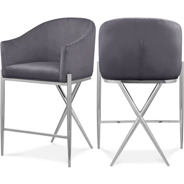 Xavier Velvet Counter Stool In Grey/Chrome