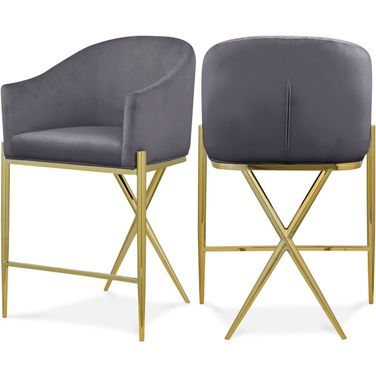 Xavier Velvet Counter Stool In Grey/Gold