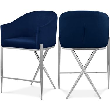 Xavier Velvet Counter Stool In Navy/Chrome