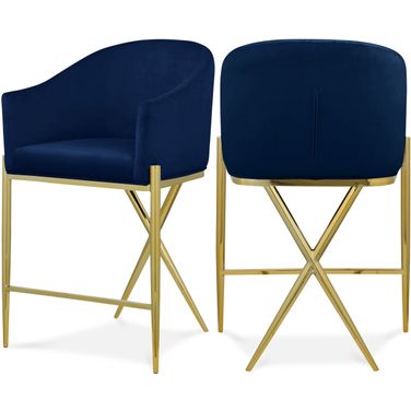 Xavier Velvet Counter Stool In Navy/Gold