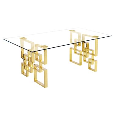 Xquenda 79 x 40 Inch Rectangular Dining Table In Glass Top and Gold Stainless Steel Base
