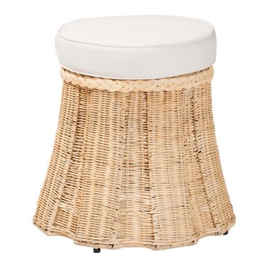 Ying Round Handwoven Rattan Small Ottoman with Cushion In Natural Brown