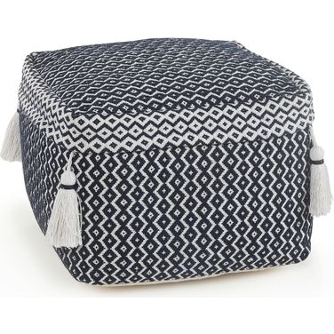 Ynoza Geometric Hand-Woven All-Natural Cotton Ottoman Pouf In Blue and White