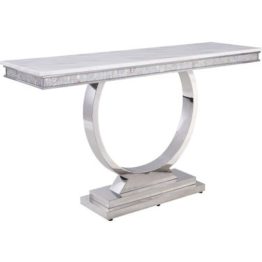 Zander Sofa Table In White Printed Faux Marble Top And Mirrored Silver