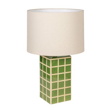 Zara 18.5 Inch Square Windowpane Stoneware Table Lamp with Linen Drum Shade In Green