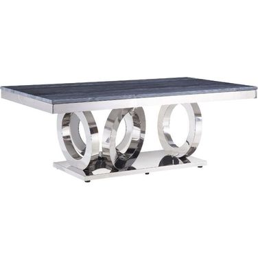 Zasir Coffee Table In Gray Printed Faux Marble Top And Mirrored Silver