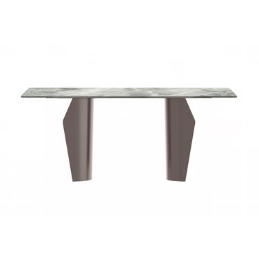 Zelan 55 Inch Champagne Stainless Steel Base Dining Table with Sintered Stone Top In Light Grey and Gold