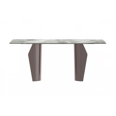 Zelan 71 Inch Champagne Stainless Steel Base Dining Table with Sintered Stone Top In Light Grey and Gold
