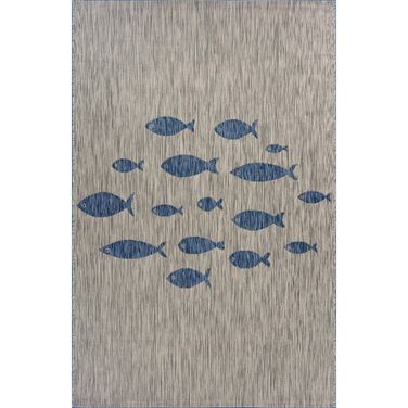 Zelar 7'9" x 9'9" Cortina Fish Indoor/Outdoor Area Rug In Navy Blue and Gray