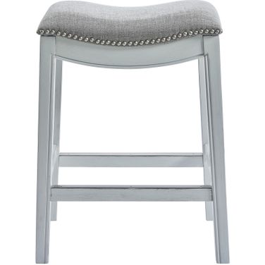 Zoey 26 Inch Counter-Height Backless Wood Saddle-Seat Barstool with Nailhead Trim In White and Gray