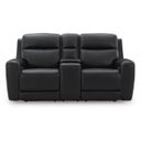 The appearance of 5Z-Dreamlight Power Reclining Loveseat with Console In Onyx designed by Signature Design by Ashley in the modern / contemporary interior design. This onyx piece of furniture  was selected by 1StopBedrooms from 5Z-Dreamlight Collection to add a touch of cosiness and style into your home. Sku: NCU1090218. Material: Leather.