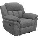 The appearance of Bahrain Upholstered Glider Recliner Charcoal designed by Coaster in the transitional interior design. This charcoal piece of furniture was selected by 1StopBedrooms from Bahrain Collection to add a touch of cosiness and style into your home. Sku: 609543. Material: Upholstered.