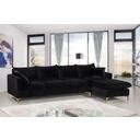 The appearance of Naomi Velvet 2-Piece Reversible Sectional In Black designed by Meridian in the modern / contemporary interior design. This black piece of furniture  was selected by 1StopBedrooms from Naomi Collection to add a touch of cosiness and style into your home. Sku: 636Black-Sectional Box 1/2 (Sofa Base + 3 Single Cushions + 4 Back Cushions + 9 Legs (4 Chrome + 1 Middle + 4 Gold);636Black-Sectional Box 2/2 (Chair Base + Ott Base + Chaise Cushion + 2 Pillows + 16 Legs (8 Chrome + 8 Gold). Material: Velvet. Layout: Sofa & Chaise.