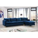 The appearance of Naomi 2-Piece Velvet Reversible Sectional In Navy designed by Meridian in the modern / contemporary interior design. This navy piece of furniture  was selected by 1StopBedrooms from Naomi Collection to add a touch of cosiness and style into your home. Sku: 636Navy-Sectional Box 1/2 (Sofa Base + 3 Single Cushions + 4 Back Cushions + 9 Legs (4 Chrome + 1 Middle + 4 Gold);636Navy-Sectional Box 2/2 (Chair Base + Ott Base + Chaise Cushion + 2 Pillows + 16 Legs (8 Chrome + 8 Gold). Material: Velvet. Layout: Sofa & Chaise.