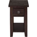 The appearance of Kona Grove Chairside End Table with Shelf In Dark Brown designed by Jofran in the transitional interior design. This dark brown piece of furniture  was selected by 1StopBedrooms from Kona Grove Collection to add a touch of cosiness and style into your home. Sku: 704-7. Material: Acacia.