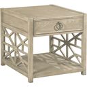 The appearance of Vista Biscane Oyster Drawer End Table designed by American Drew in the transitional interior design. This brown piece of furniture was selected by 1StopBedrooms from Vista Collection to add a touch of cosiness and style into your home. Sku: 803-915. Material: Wood.