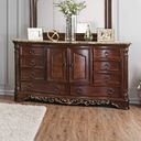 The appearance of Menodora Dresser designed by Furniture of America in the traditional interior design. This brown cherry piece of furniture was selected by 1StopBedrooms from Menodora Collection to add a touch of cosiness and style into your home. Sku: CM7311D. Material: Wood.