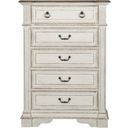 The appearance of Abbey Park Antique White 5 Drawer Chest designed by Liberty in the traditional interior design. This white piece of furniture  was selected by 1StopBedrooms from Abbey Park Collection to add a touch of cosiness and style into your home. Sku: 520-BR41. Material: Rubberwood.