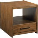 The appearance of Edie Drawer End Table In Warm Brunette designed by Kincaid in the transitional interior design. This warm brunette piece of furniture was selected by 1StopBedrooms from Abode Collection to add a touch of cosiness and style into your home. Sku: 269-915. Material: Solid Wood.