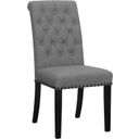 The appearance of Alana Upholstered Tufted Side Chairs with Nailhead Trim Set of 2 In Grey / Rustic Espresso designed by Coaster in the transitional interior design. This grey/rustic espresso piece of furniture  was selected by 1StopBedrooms from Alana Collection to add a touch of cosiness and style into your home. Sku: 115162. Material: Upholstered.