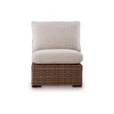 The appearance of Angel Island Outdoor Armless Chair with Cushion In Brown and Beige designed by Signature Design by Ashley in the transitional interior design. This brown and beige piece of furniture was selected by 1StopBedrooms from Angel Island Collection to add a touch of cosiness and style into your home. Sku: P610-846. Material: Fabric.