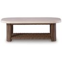 The appearance of Angel Island Outdoor Coffee Table In Brown and Beige designed by Signature Design by Ashley in the transitional interior design. This brown and beige piece of furniture was selected by 1StopBedrooms from Angel Island Collection to add a touch of cosiness and style into your home. Sku: P610-701. Material: Aluminium.