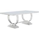 The appearance of Antoine Rectangle Dining Table White and Chrome designed by Coaster in the modern / contemporary interior design. This white piece of furniture was selected by 1StopBedrooms from Antoine Collection to add a touch of cosiness and style into your home. Sku: 108811B1;108811B2;108811B3. Material: Metal. Table Top Shape: Rectangular. Size: 42" x 95".