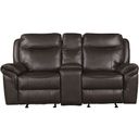 The appearance of Aram Dark Brown Double Glider Reclining Console Loveseat designed by Homelegance in the transitional interior design. This dark brown piece of furniture was selected by 1StopBedrooms from Aram Collection to add a touch of cosiness and style into your home. Sku: 8206BRW-2. Material: Polyester.