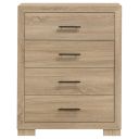 The appearance of Arielle 4-Drawer Bedroom Chest of Drawers In Light Oak designed by Coaster in the transitional interior design. This light oak piece of furniture was selected by 1StopBedrooms from Arielle Collection to add a touch of cosiness and style into your home. Sku: 223115. Material: Melamine.